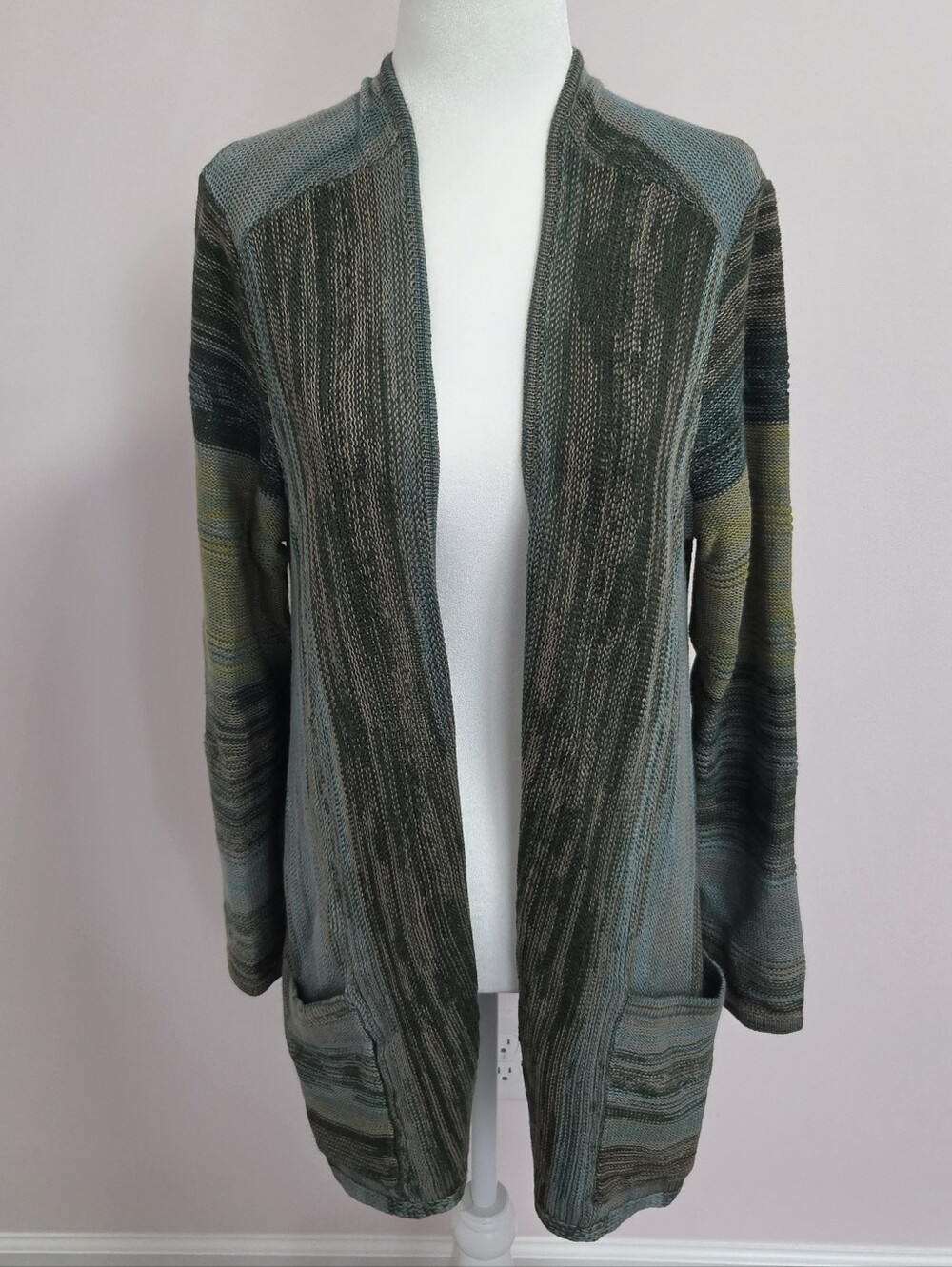 NWT J. Jill Open Front Green Wool Blend Artsy Boho Earthy Space Dye Cardigan | M
